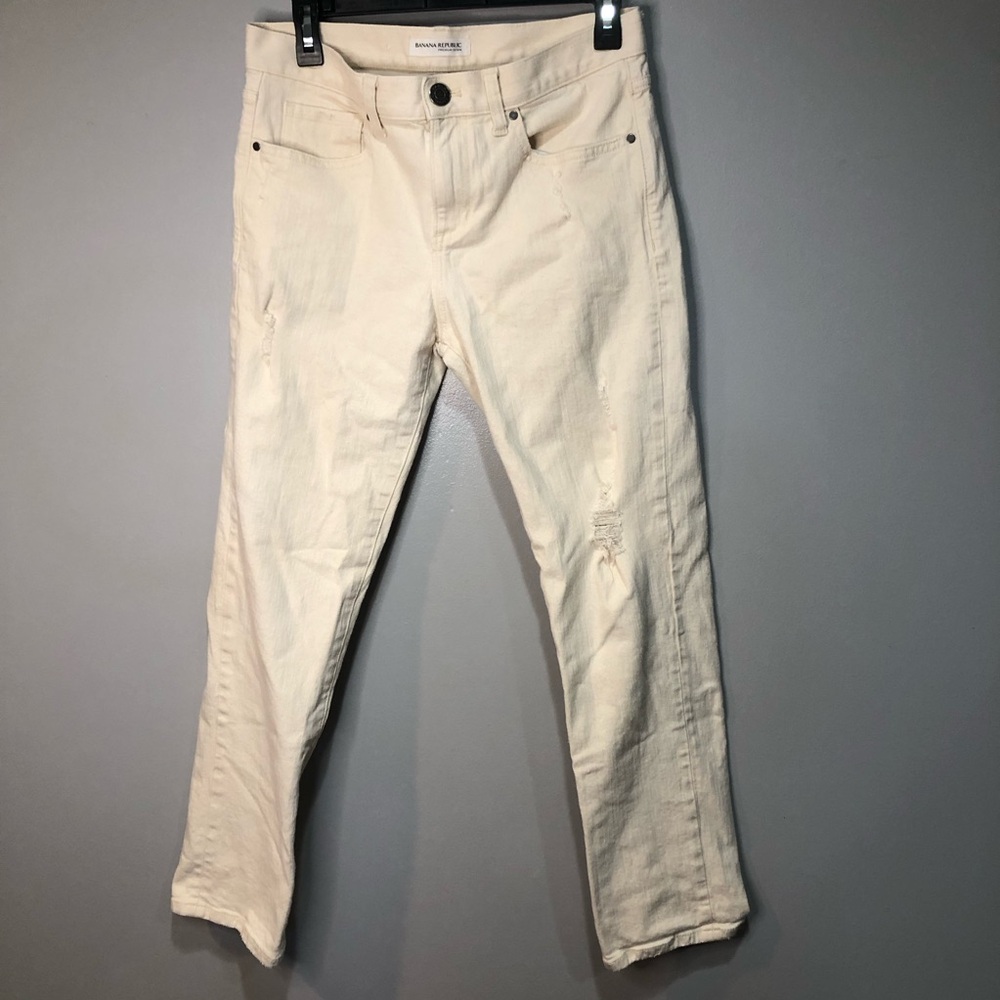Banana Republic Women's Boyfriend White Denim Jeans Distressed